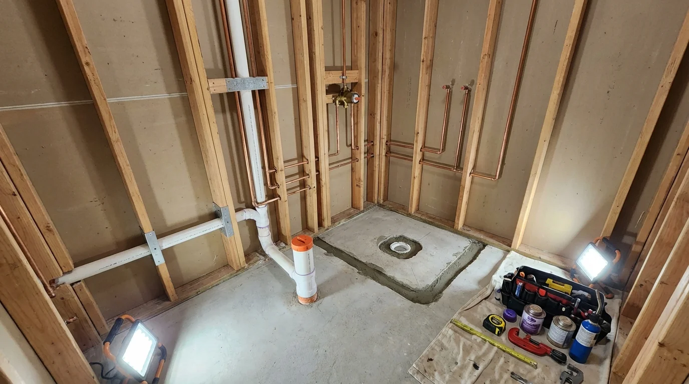 Bathroom rough-in plumbing during remodel by Johns Plumbing LLC in Cambria Heights