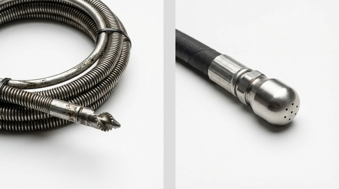 Drain snake cable and hydro jetting nozzle used for drain cleaning in Cambria Heights, NY