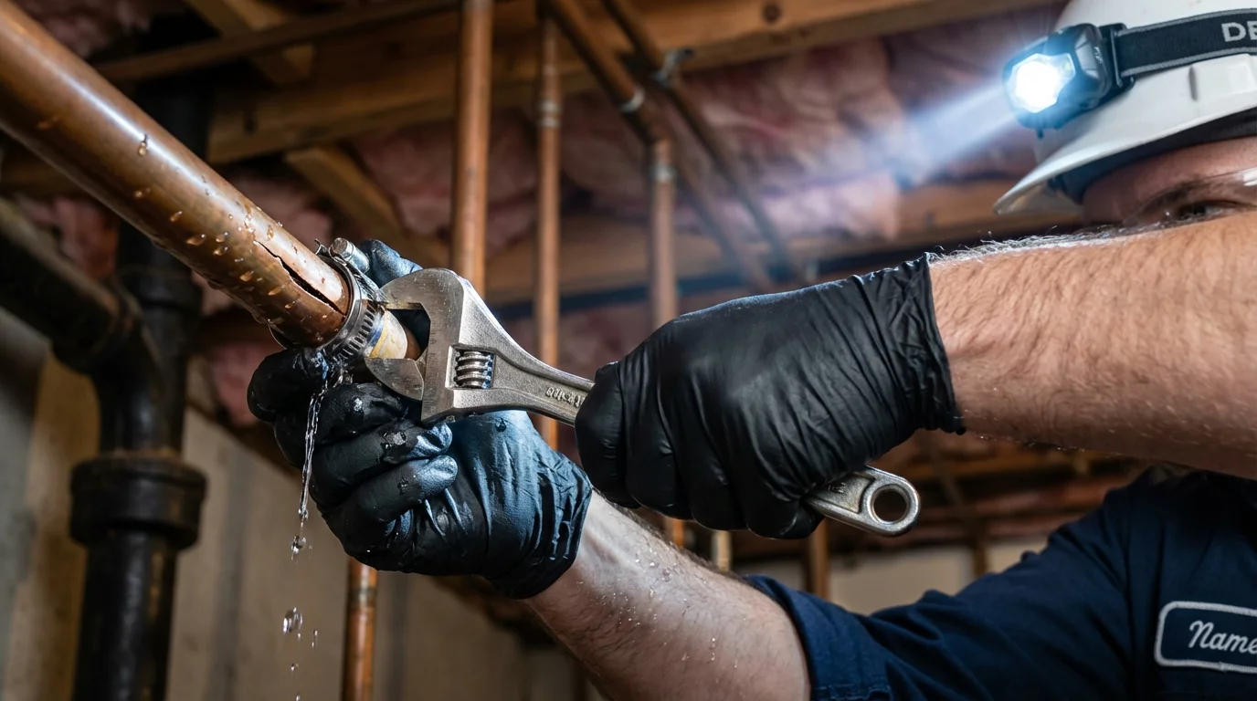 Emergency pipe clamp repair being performed by a Johns Plumbing LLC plumber in Cambria Heights