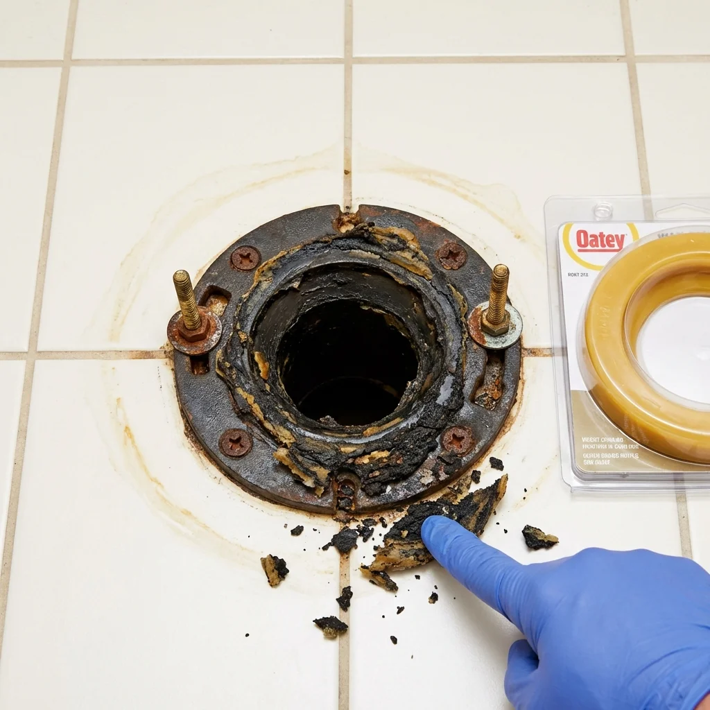 Failed wax ring showing water seepage at the base of a toilet in a Cambria Heights, NY home