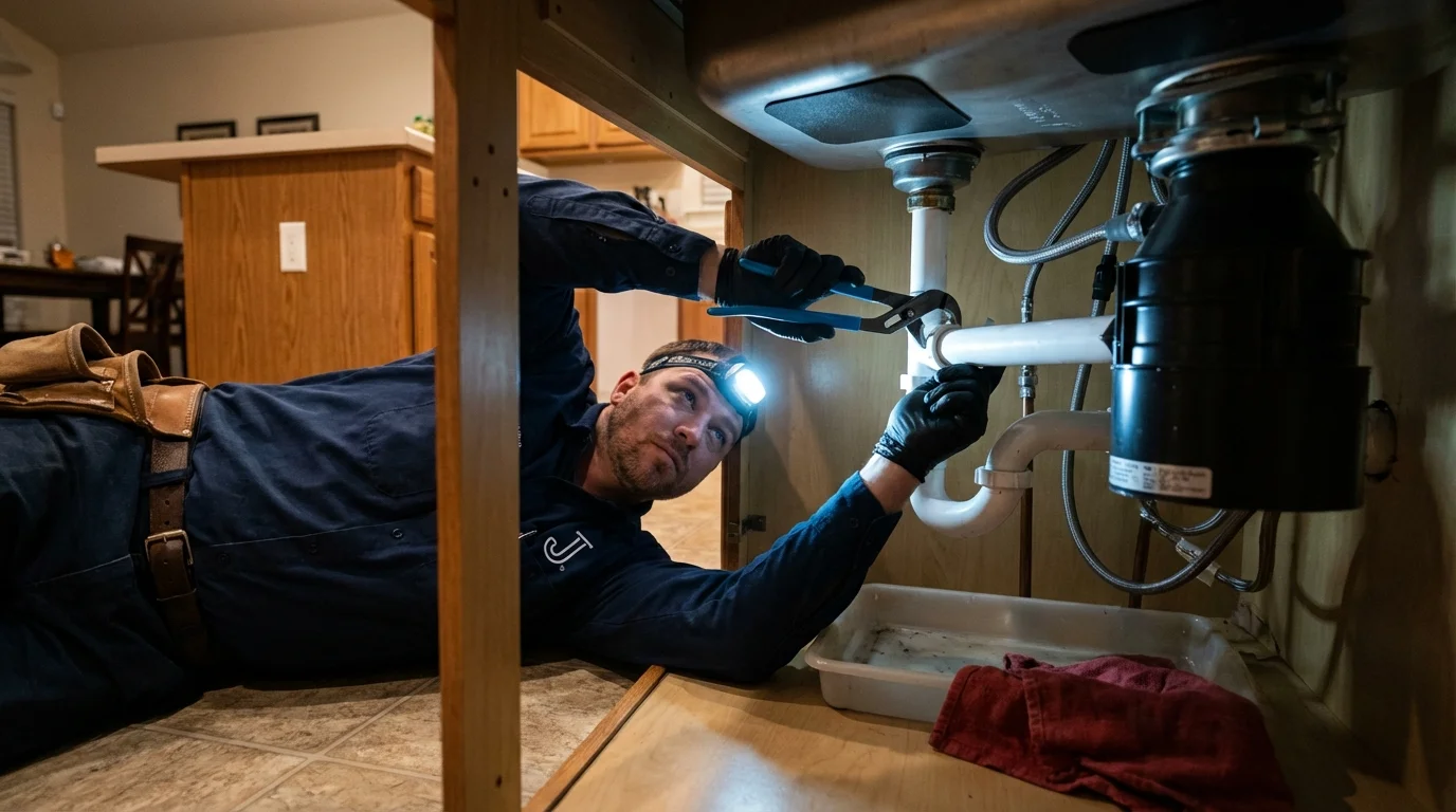 P-trap and supply line connections under a kitchen sink showing a common leak point in Cambria Heights, NY